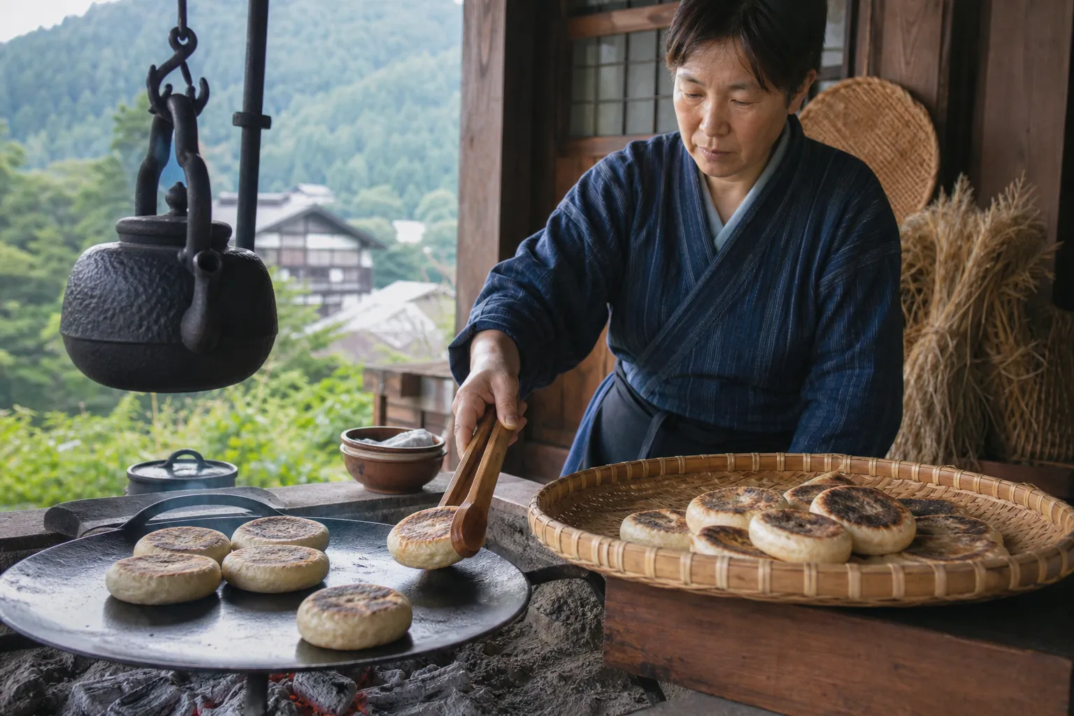 Oyaki grilling on an iron griddle at a Nagano roadside stand