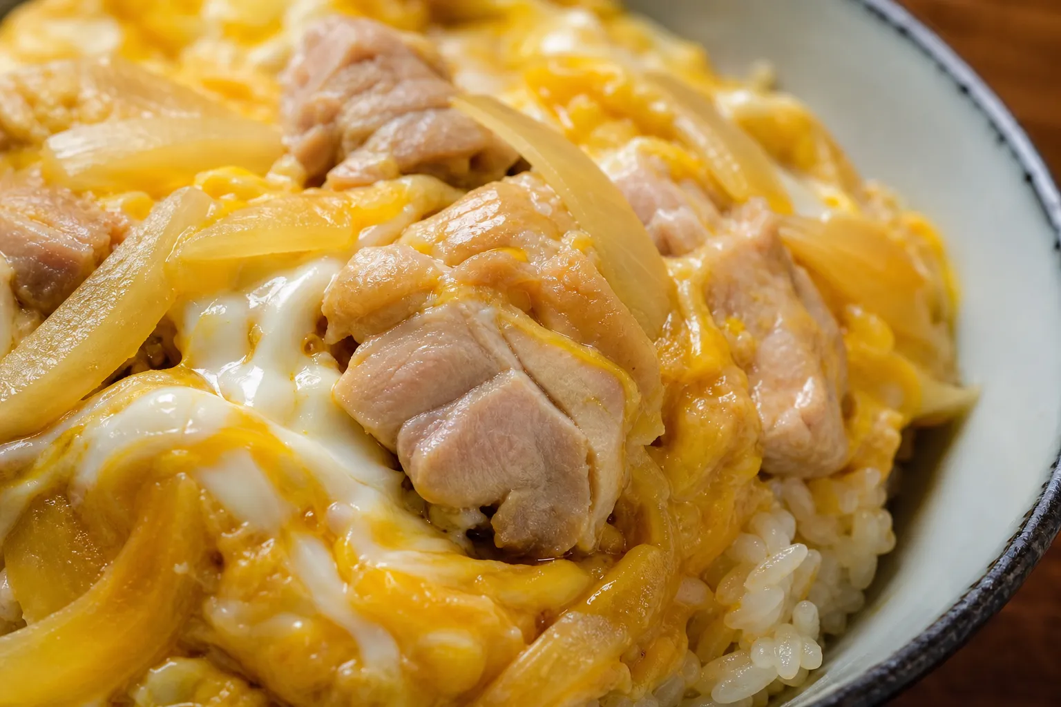 A close-up of tender chicken, translucent onion and glossy half-set egg over rice in oyakodon