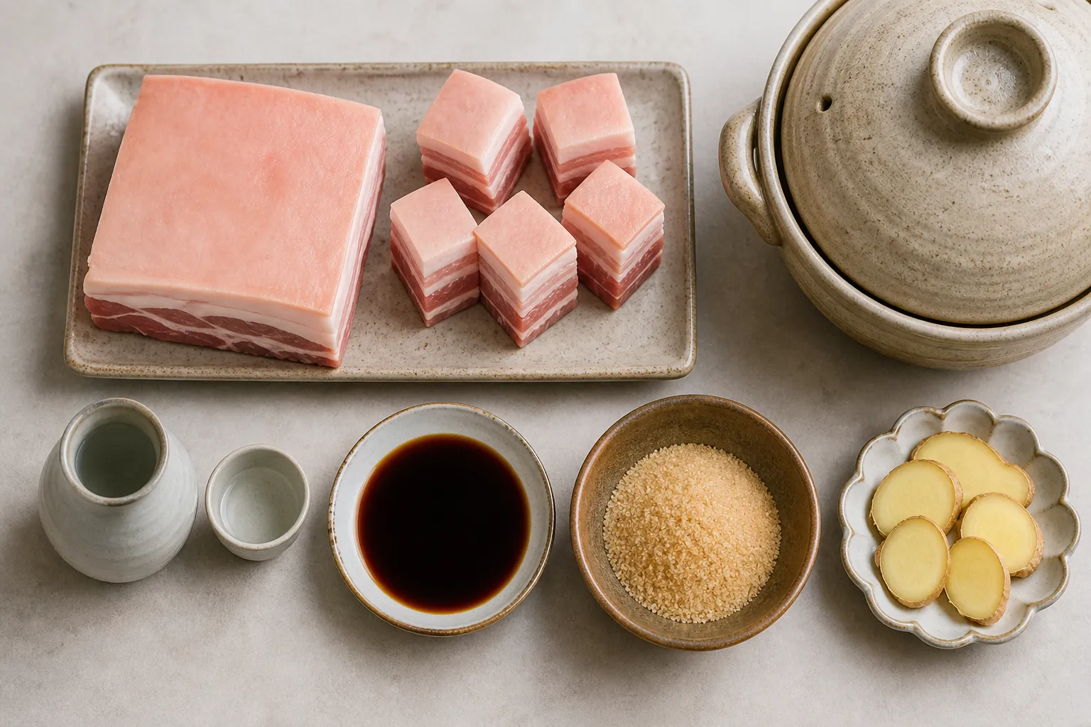 Skin-on pork belly, awamori, soy sauce and sugar laid out to make Okinawan rafute