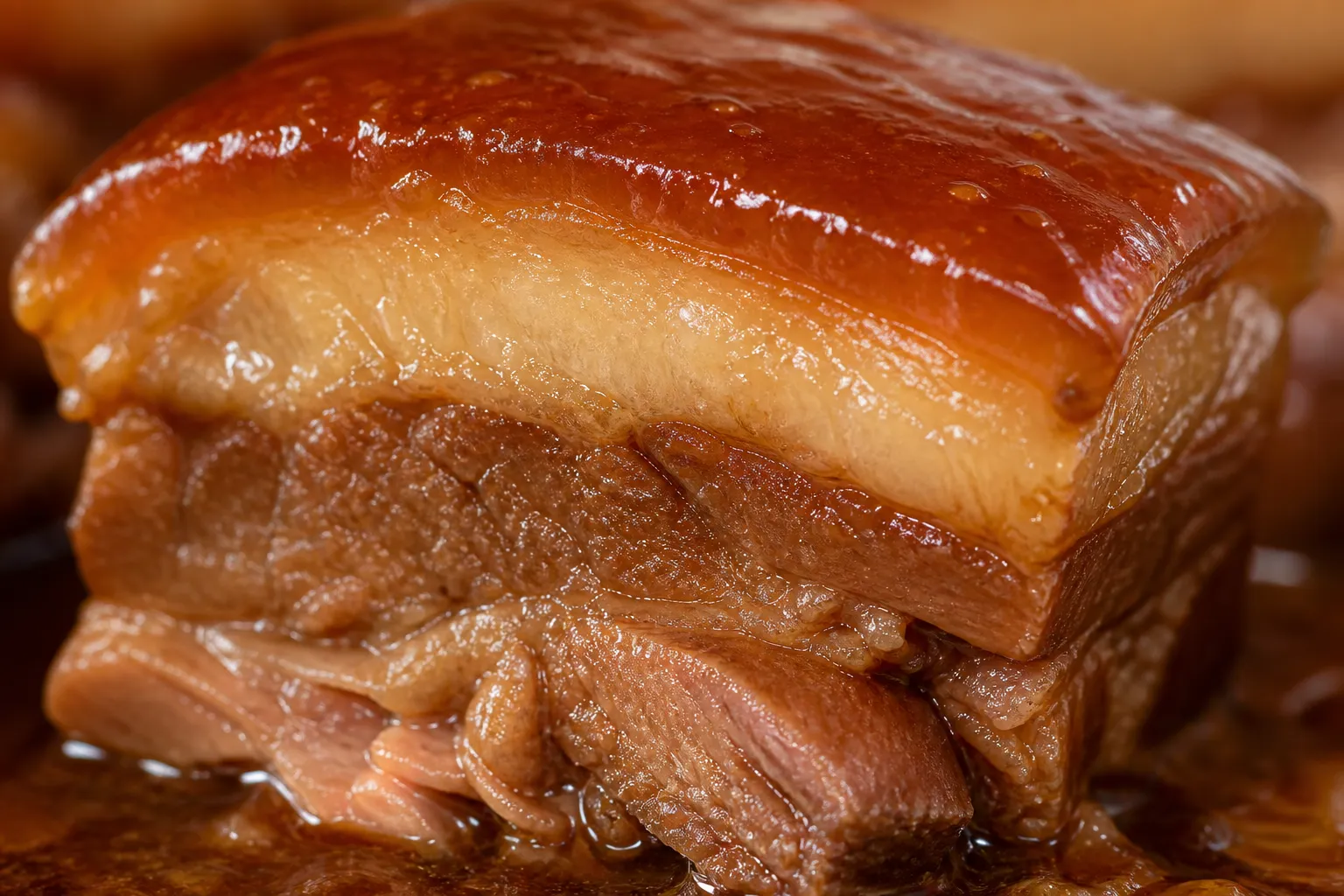 Close-up of a rafute cube showing glossy skin, soft fat and tender meat layers coated in braising sauce