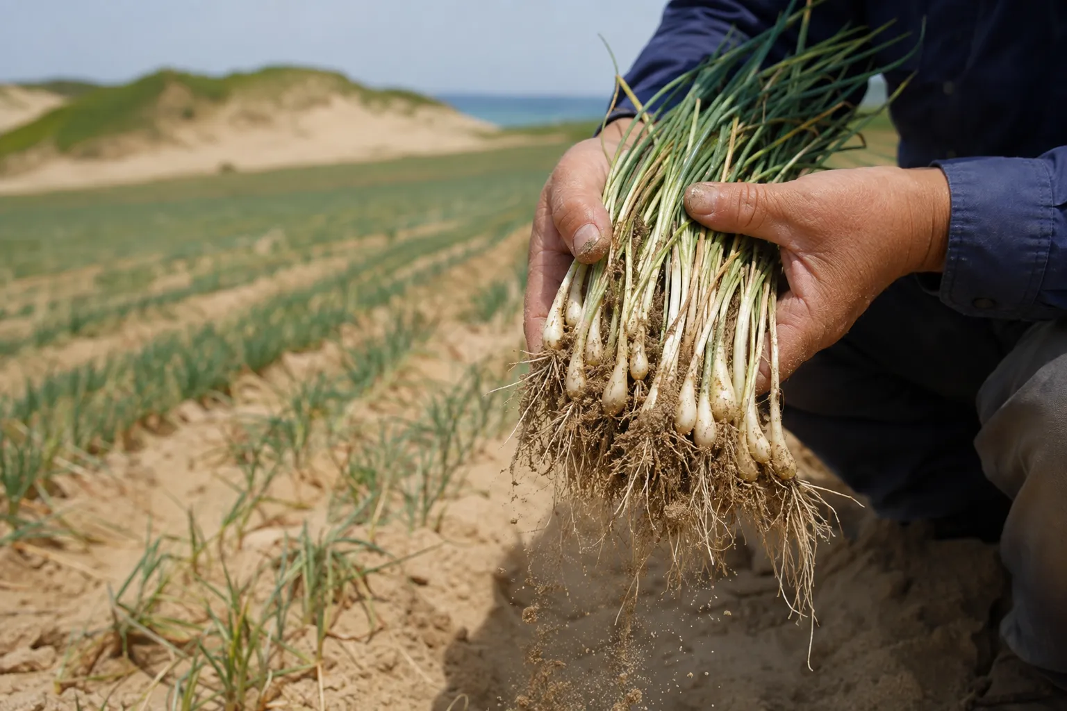 Rakkyo being harvested from pale sandy soil in the Tottori dune fields in early summer