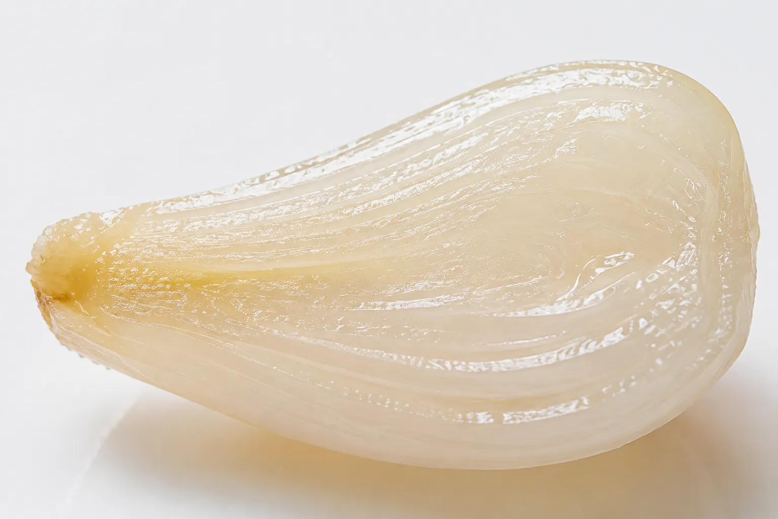 Close-up of a pickled rakkyo bulb sliced in half showing tight translucent white layers
