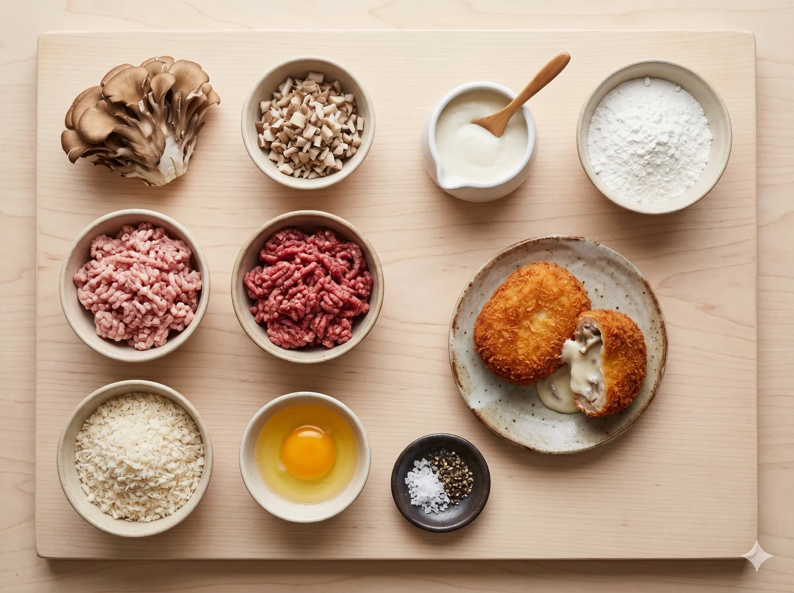 Top-down flat lay of ryugasaki cream croquette ingredients: maitake mushrooms, ground pork and beef, white béchamel cream, rice flour, panko, egg, and finished croquettes