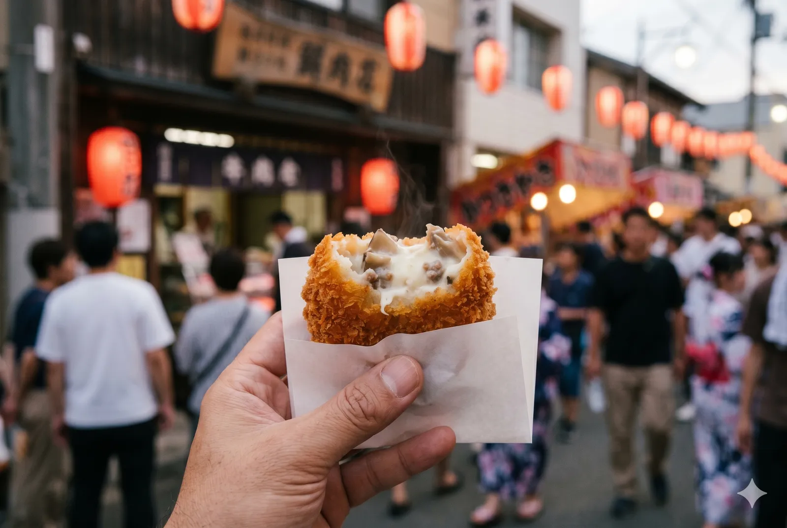 A hand holding a bitten Ryugasaki cream croquette in paper at a lively festival street, red lanterns and a crowd in yukata in the background