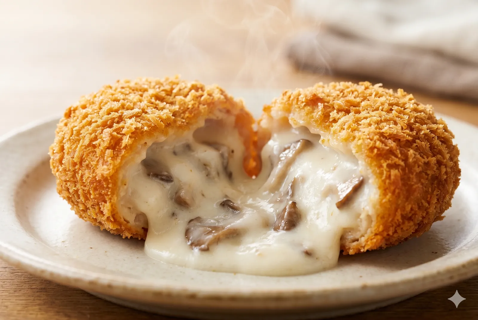 A Ryugasaki rice-flour cream croquette broken open, molten white béchamel cream studded with maitake mushrooms oozing out from a crisp golden panko crust