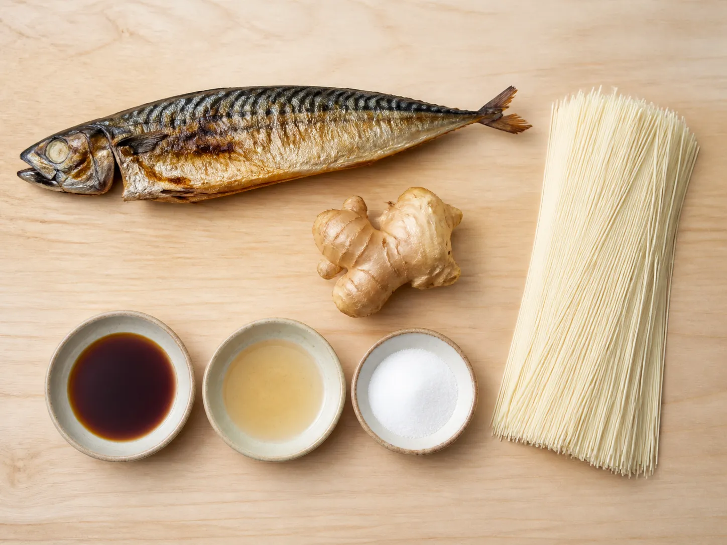 Flat lay of yaki-saba somen ingredients: a grilled whole mackerel, dry somen bundles, ginger, soy, mirin and sugar