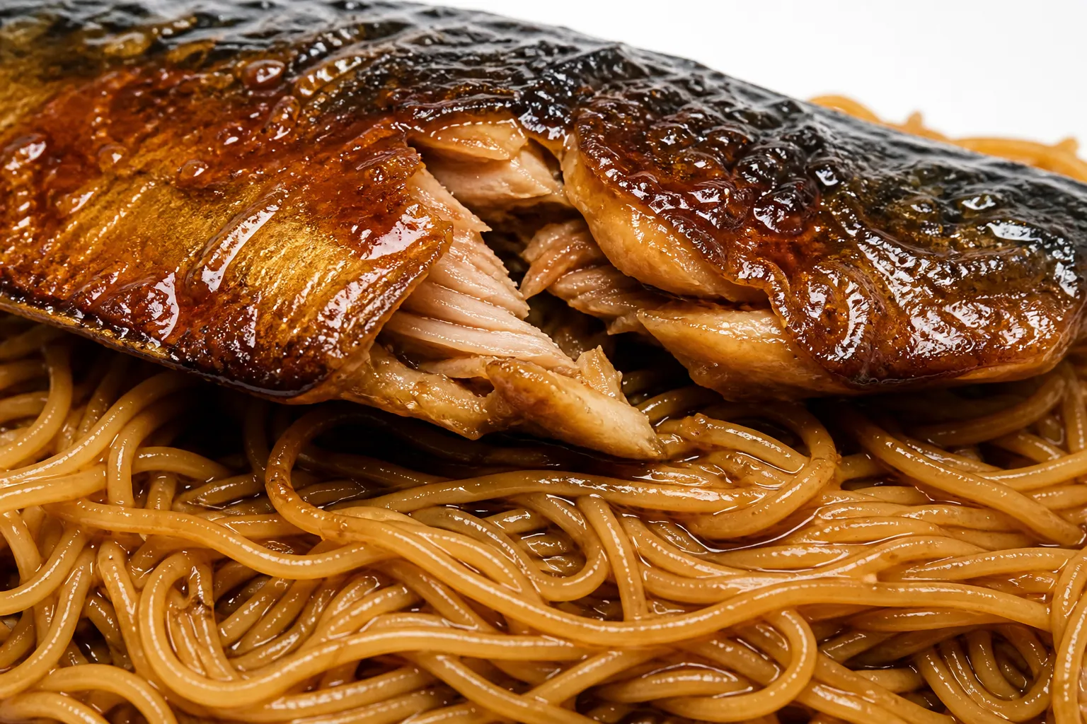Close-up of dark-glazed mackerel over brown-stained somen noodles