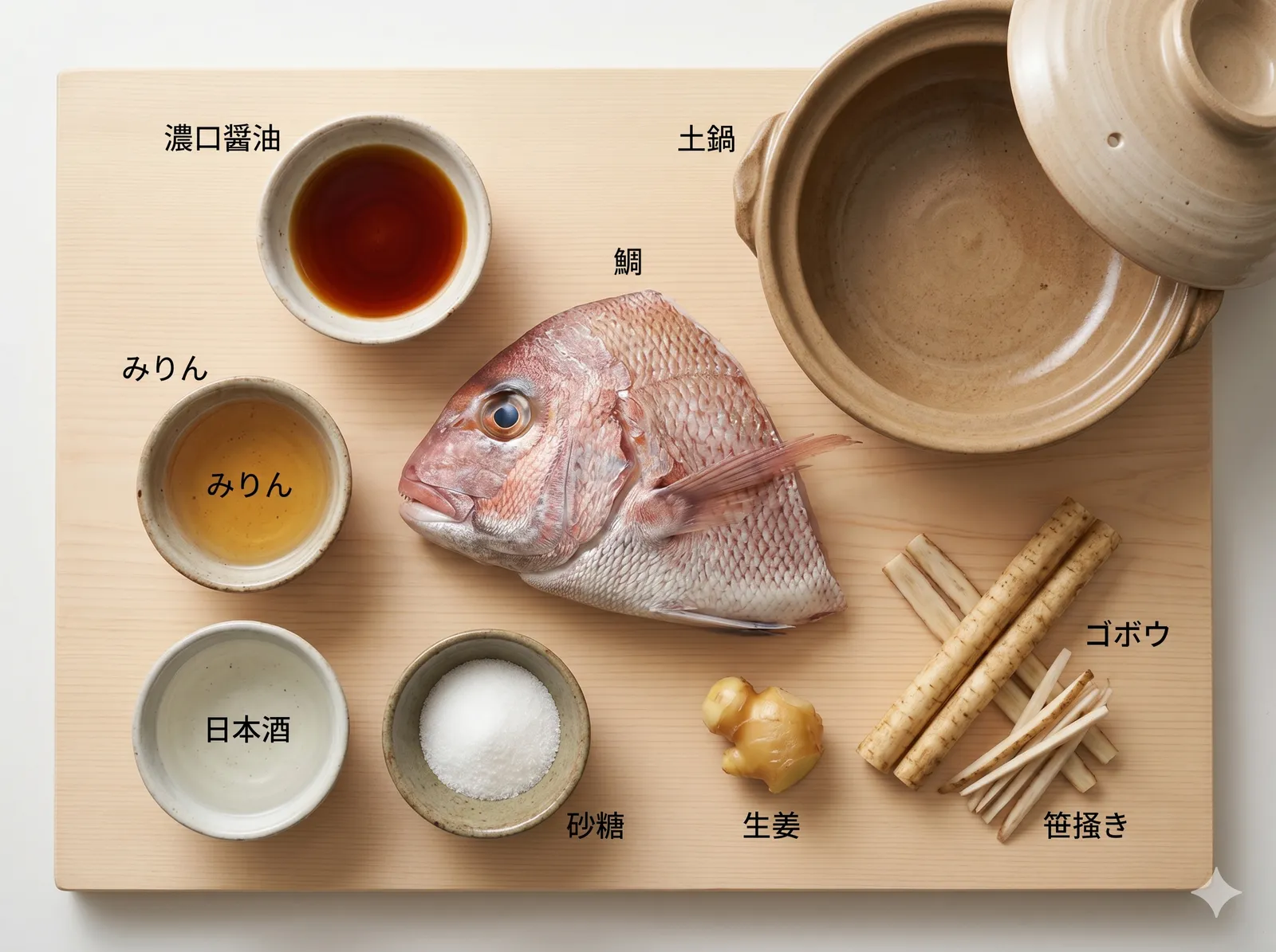 Top-down flat lay of kabuto-ni ingredients: a halved red sea bream head, soy sauce, mirin, sake, sugar, ginger, burdock root and a donabe pot