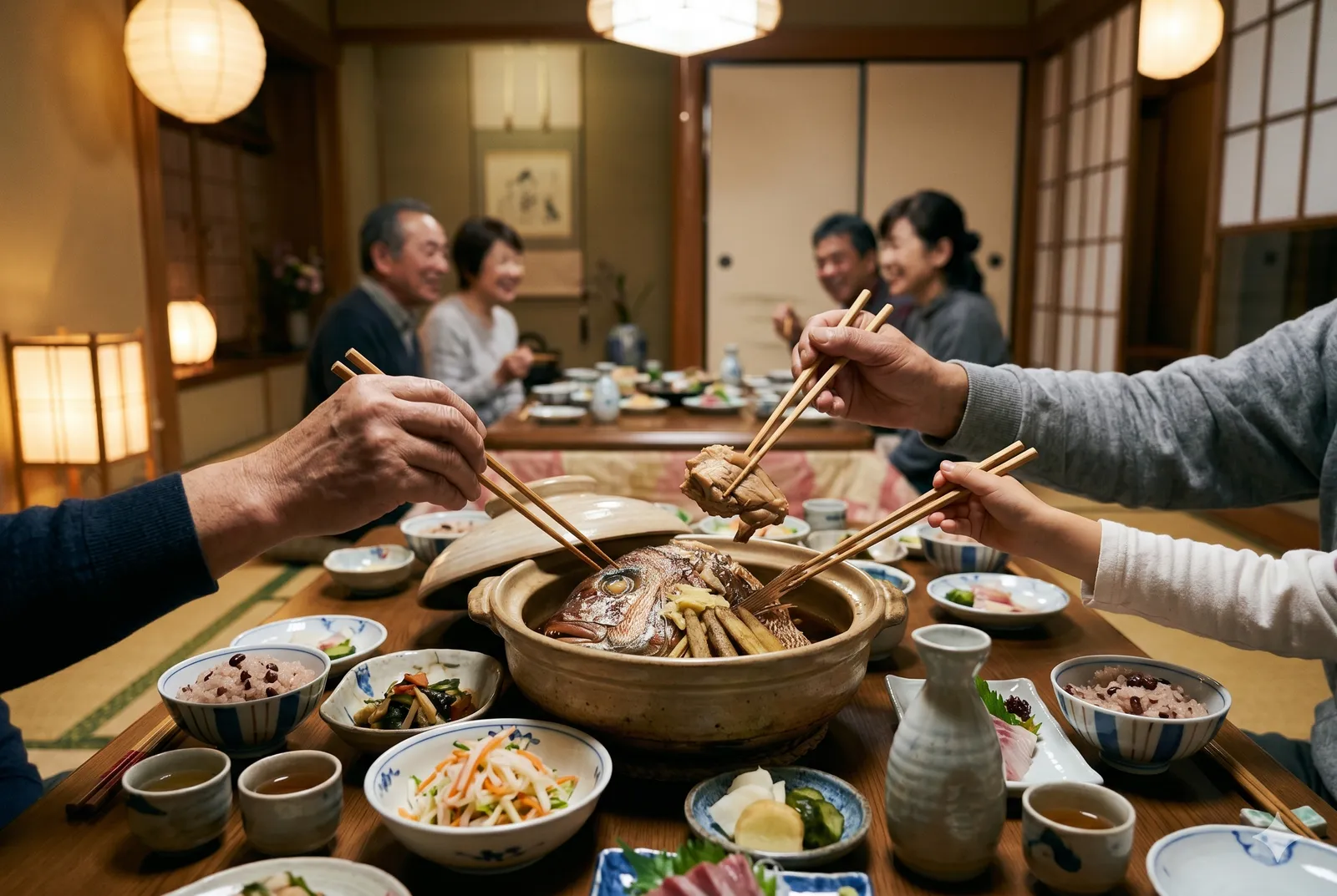A family gathered around a low table reaching with chopsticks for a communal pot of sakana no kabuto-ni at a celebratory tatami-room feast