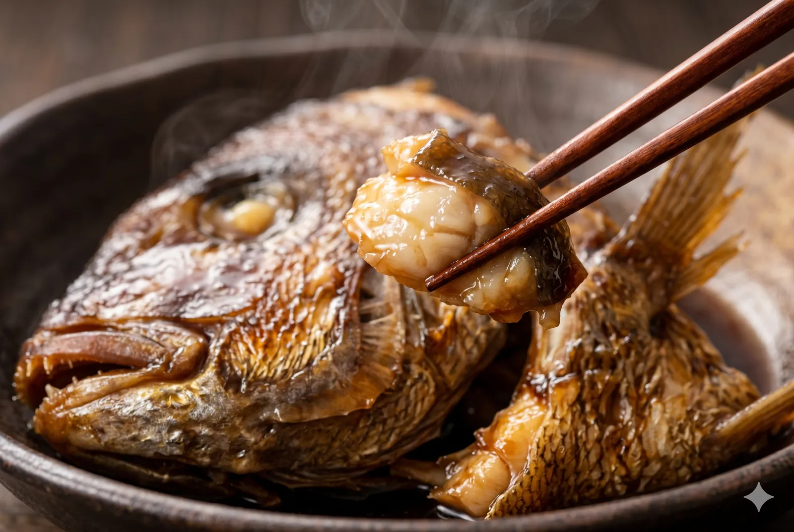 Chopsticks lifting a piece of tender white cheek meat from a simmered red sea bream head glazed in dark soy-mirin sauce