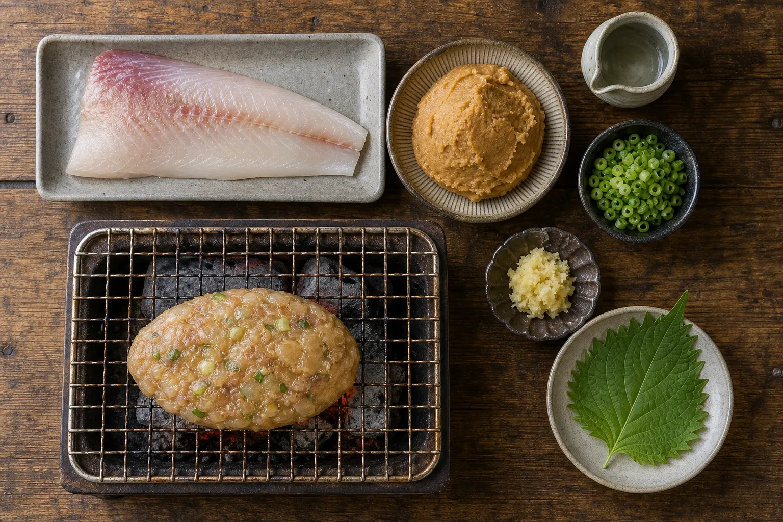 Fresh fish being pounded with miso and ginger to make sanga-yaki