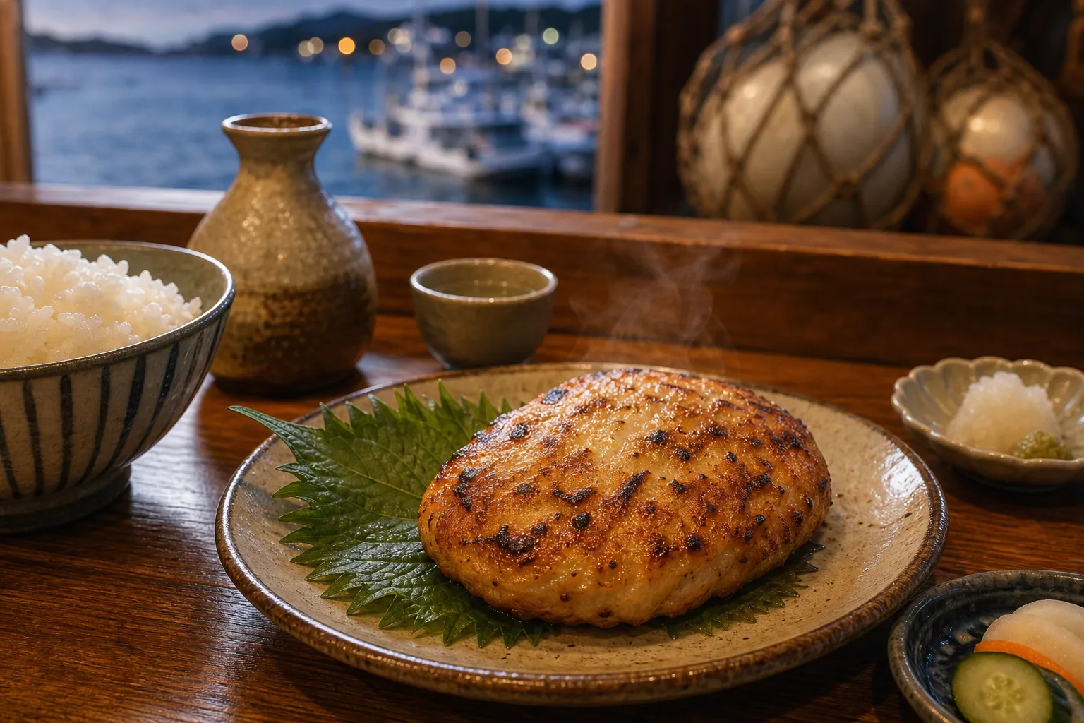 Sanga-yaki fish patty grilled on a shiso leaf, served on the Boso coast