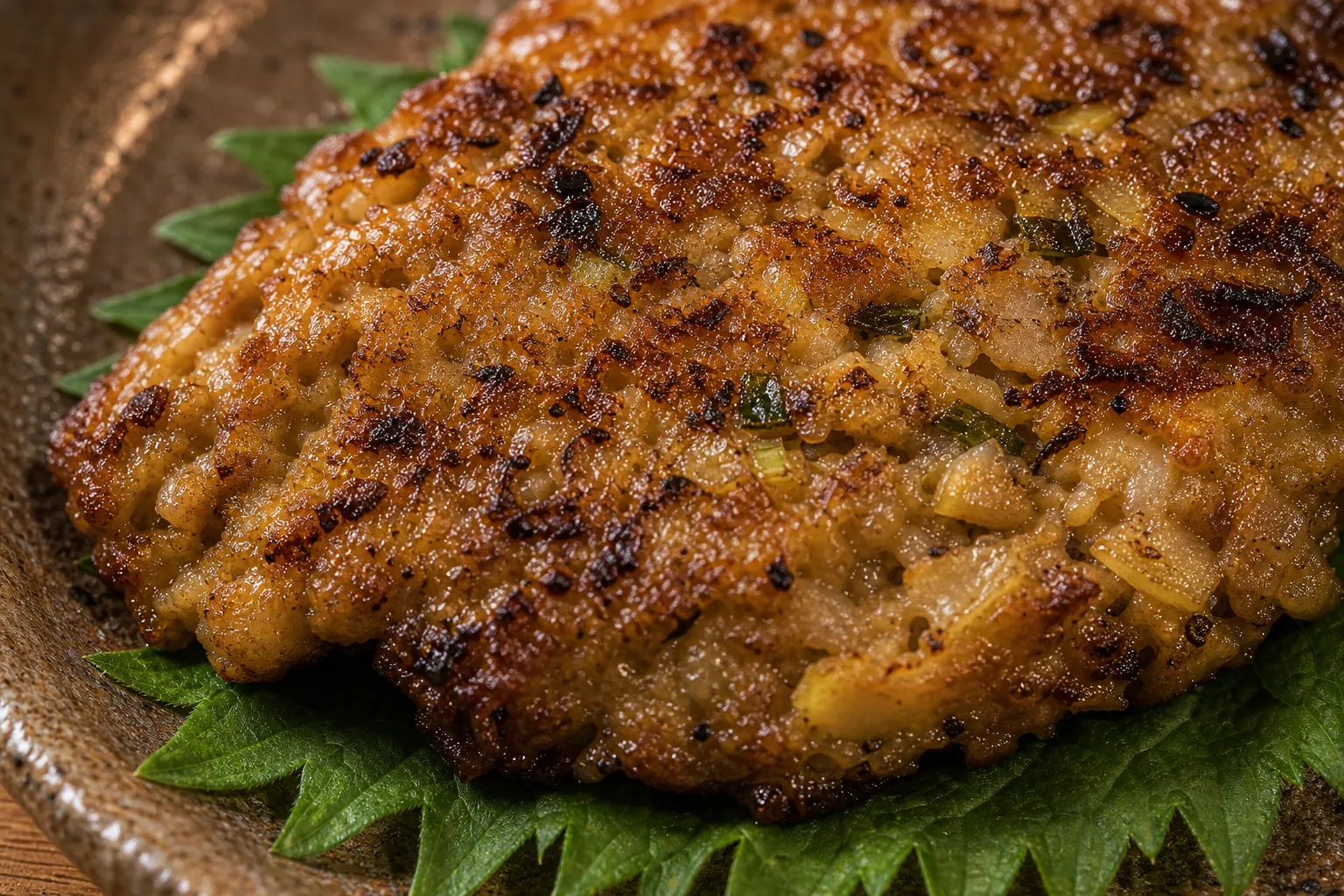 Close-up of a grilled sanga-yaki patty showing the browned fish and shiso