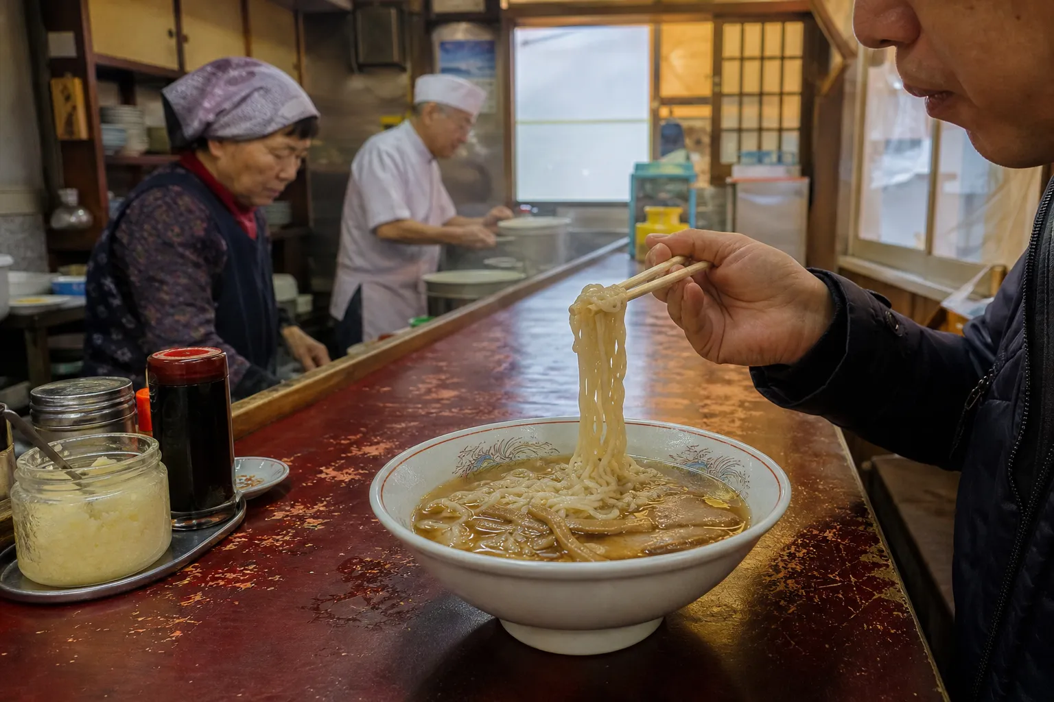 A bowl of clear Sano ramen on the counter of an old family-run shop in Tochigi