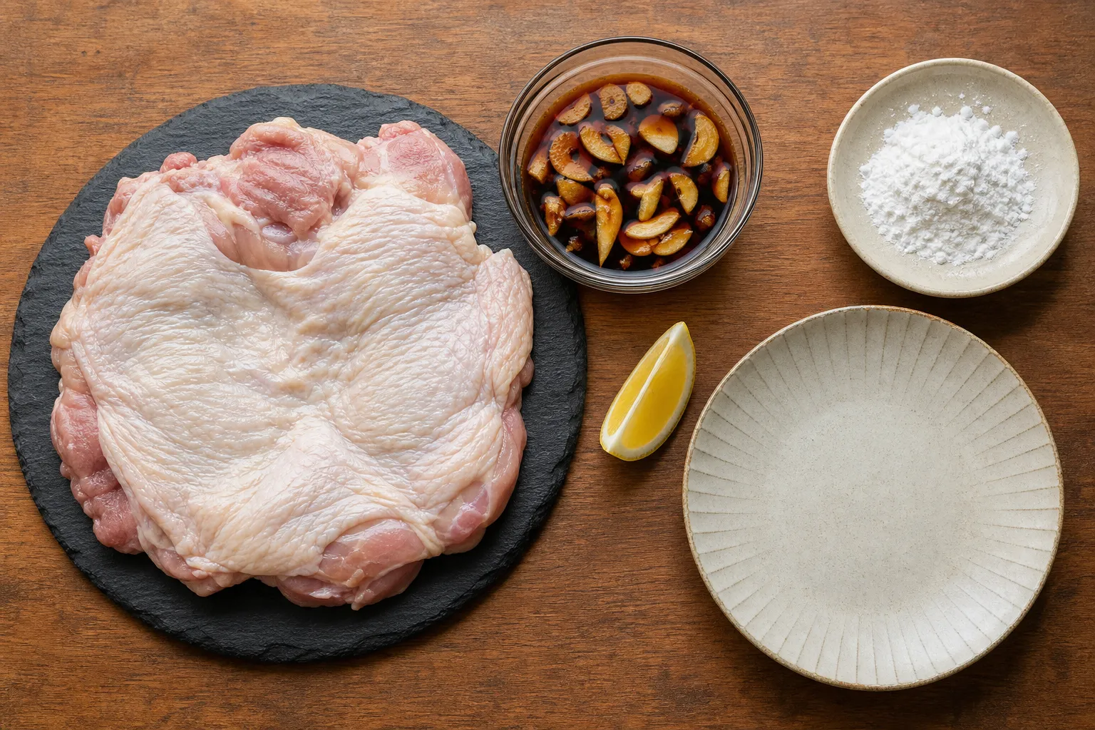 One whole chicken thigh, garlic-soy marinade, potato starch and lemon laid out