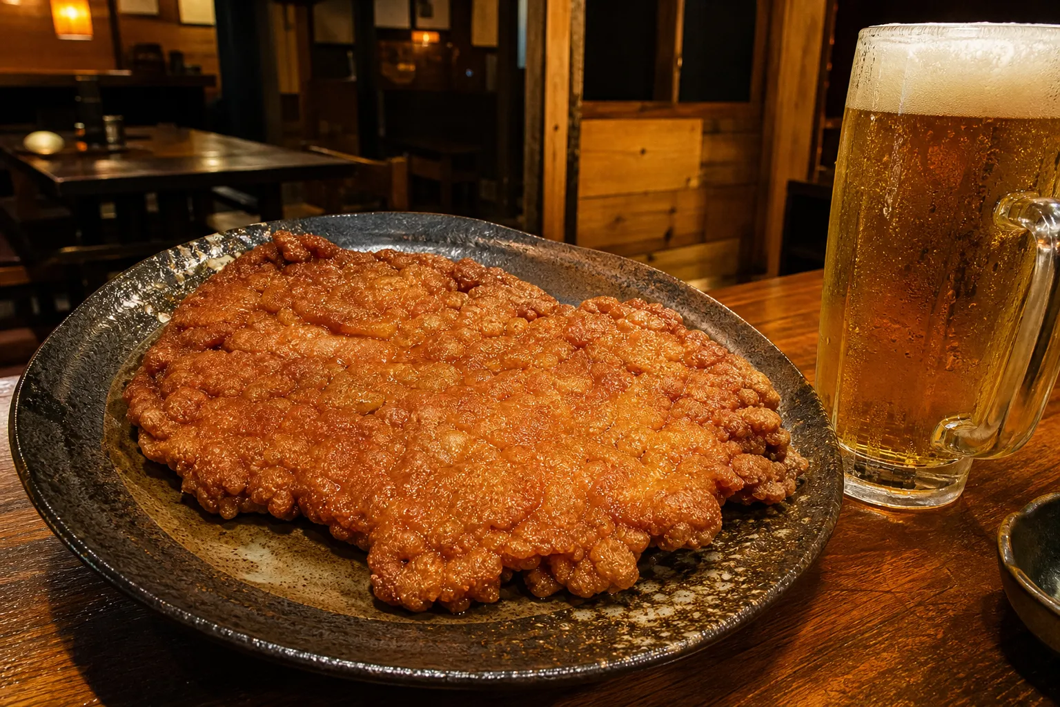 A plate with one giant sanzoku-yaki and a mug of beer at a Nagano izakaya