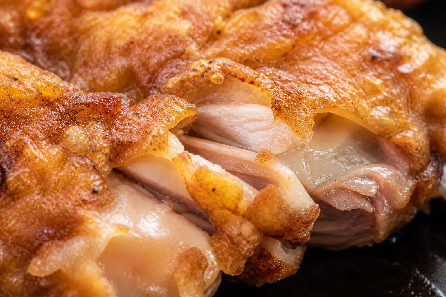 Close-up of craggy garlic-soy starch crust torn open to show juicy chicken
