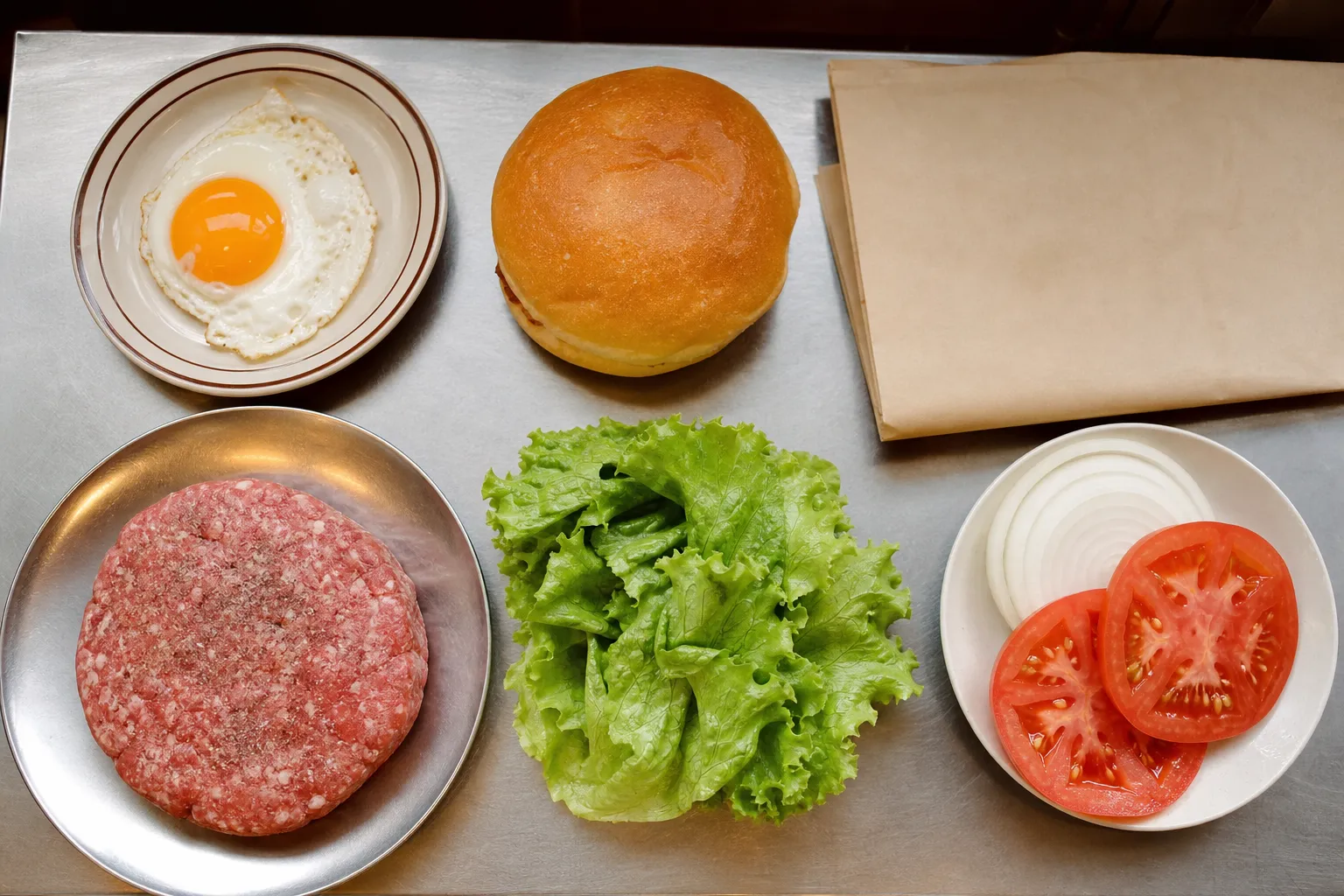 Flat lay of Sasebo burger ingredients: a raw beef patty, soft bun, lettuce, tomato, onion rings, a fried egg, and wrapping paper