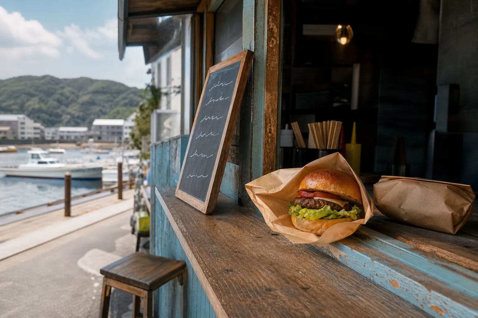 A Sasebo burger wrapped in paper on a wooden table with Sasebo harbor visible in the background