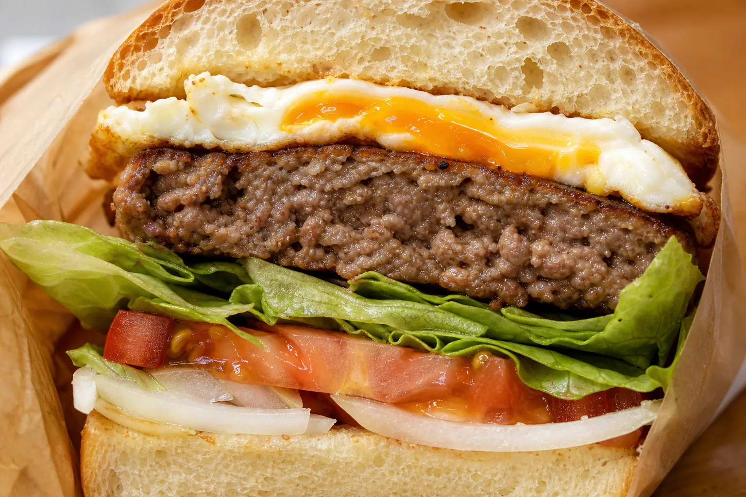 Close-up cross-section of a Sasebo burger showing the thick beef patty, fried egg, tomato, onion and lettuce layers