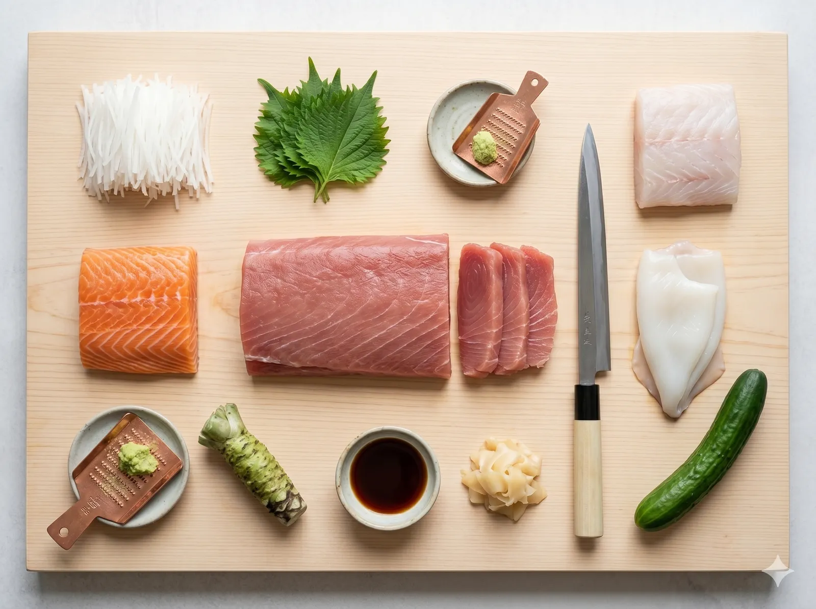 Slicing fresh fish into sashimi with a long Japanese knife