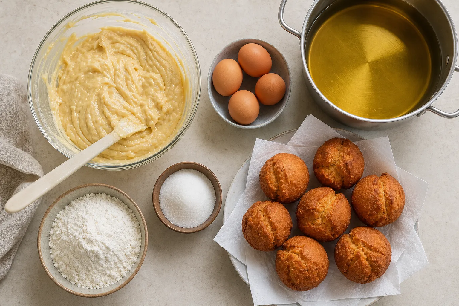 Flour, eggs, sugar and a pot of frying oil laid out to make sata andagi, with finished cracked golden balls