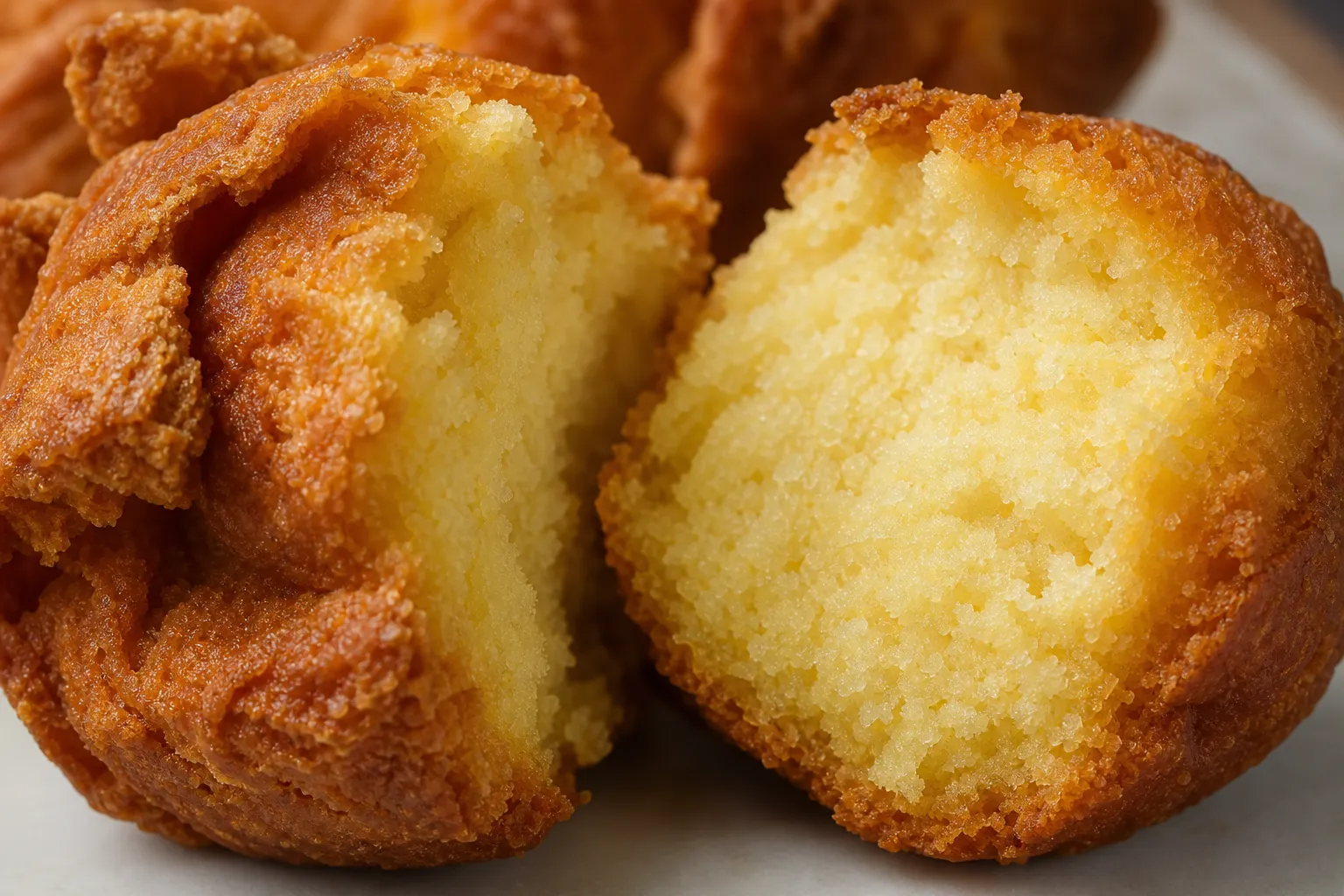 Close-up of a sata andagi broken open to show the crisp cracked crust and dense cakey interior