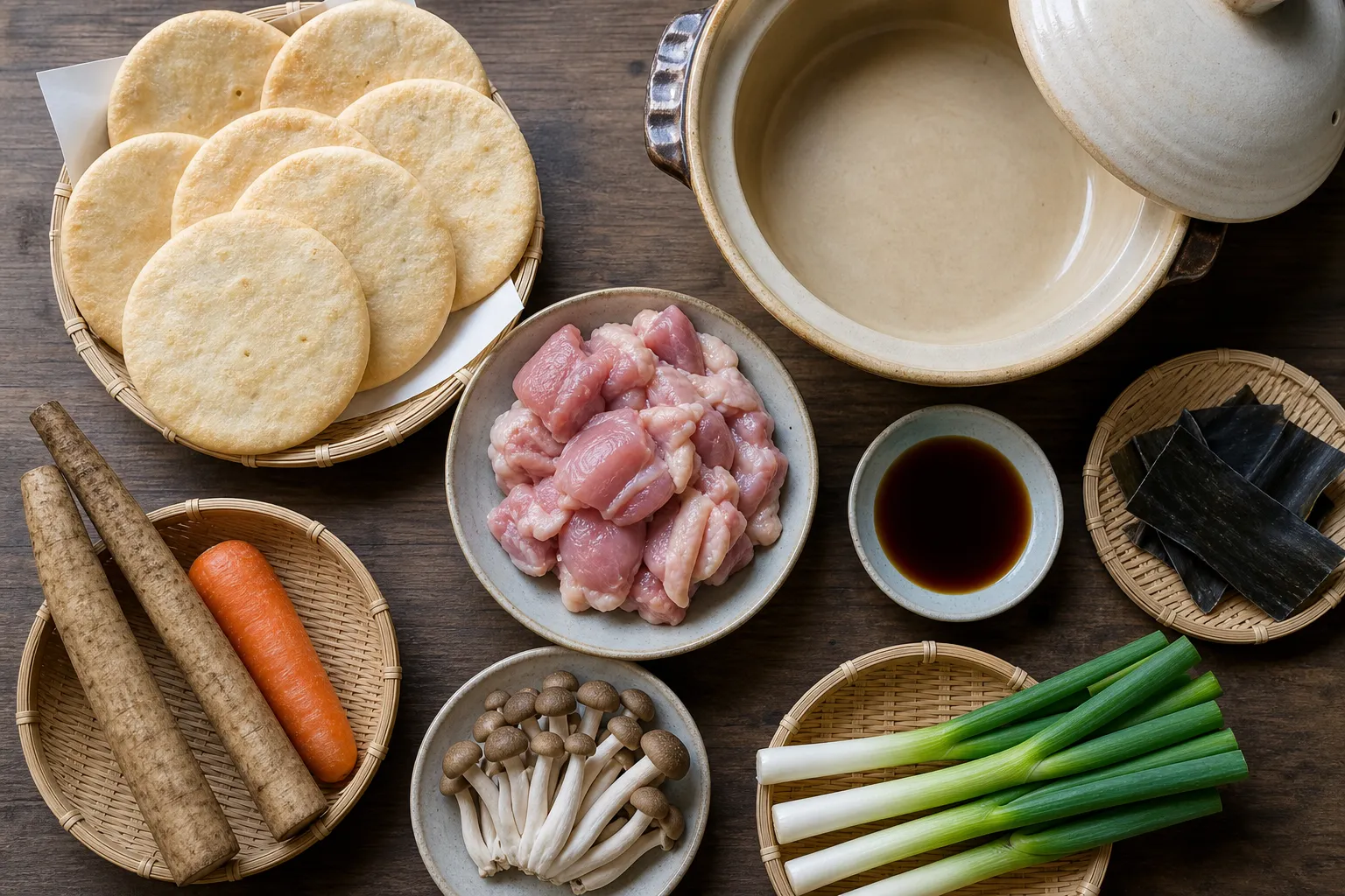 Nanbu senbei crackers, chicken, burdock and vegetables laid out to make senbei-jiru