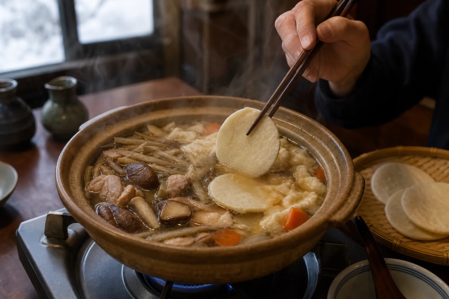 A clay pot of senbei-jiru simmering on a tabletop burner in a Hachinohe izakaya
