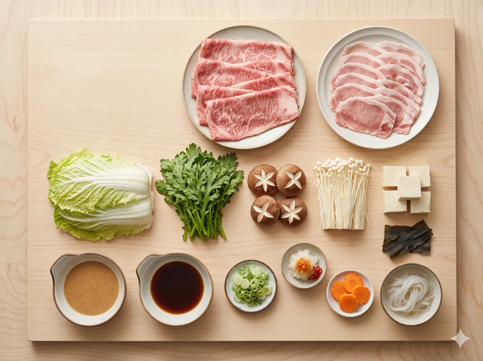 Top-down flat lay of shabu-shabu ingredients: thinly sliced beef and pork, napa cabbage, shungiku, shiitake, enoki, tofu, with sesame and ponzu dipping sauces