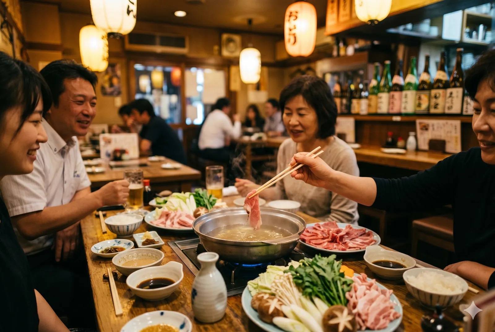 A family gathered around a communal shabu-shabu hot pot at an izakaya, swishing beef slices and sharing the meal
