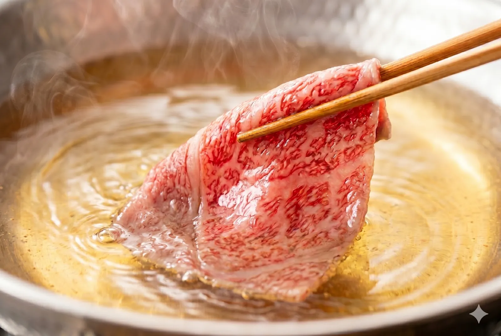 A paper-thin marbled wagyu slice held with chopsticks, swished through simmering golden dashi broth with rising steam and ripples