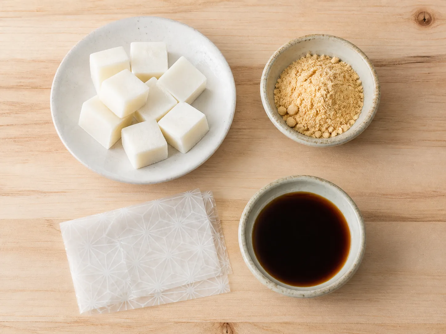 Flat lay of shingen mochi components: plain mochi cubes, kinako soybean flour, kuromitsu syrup, and the printed wrapper film