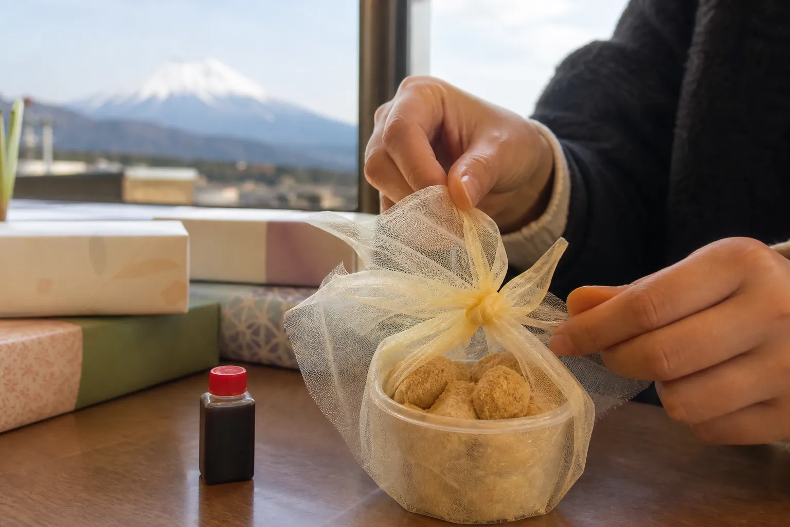 A wrapped shingen mochi being untied on a table at a Yamanashi rest stop, with boxed sets stacked behind