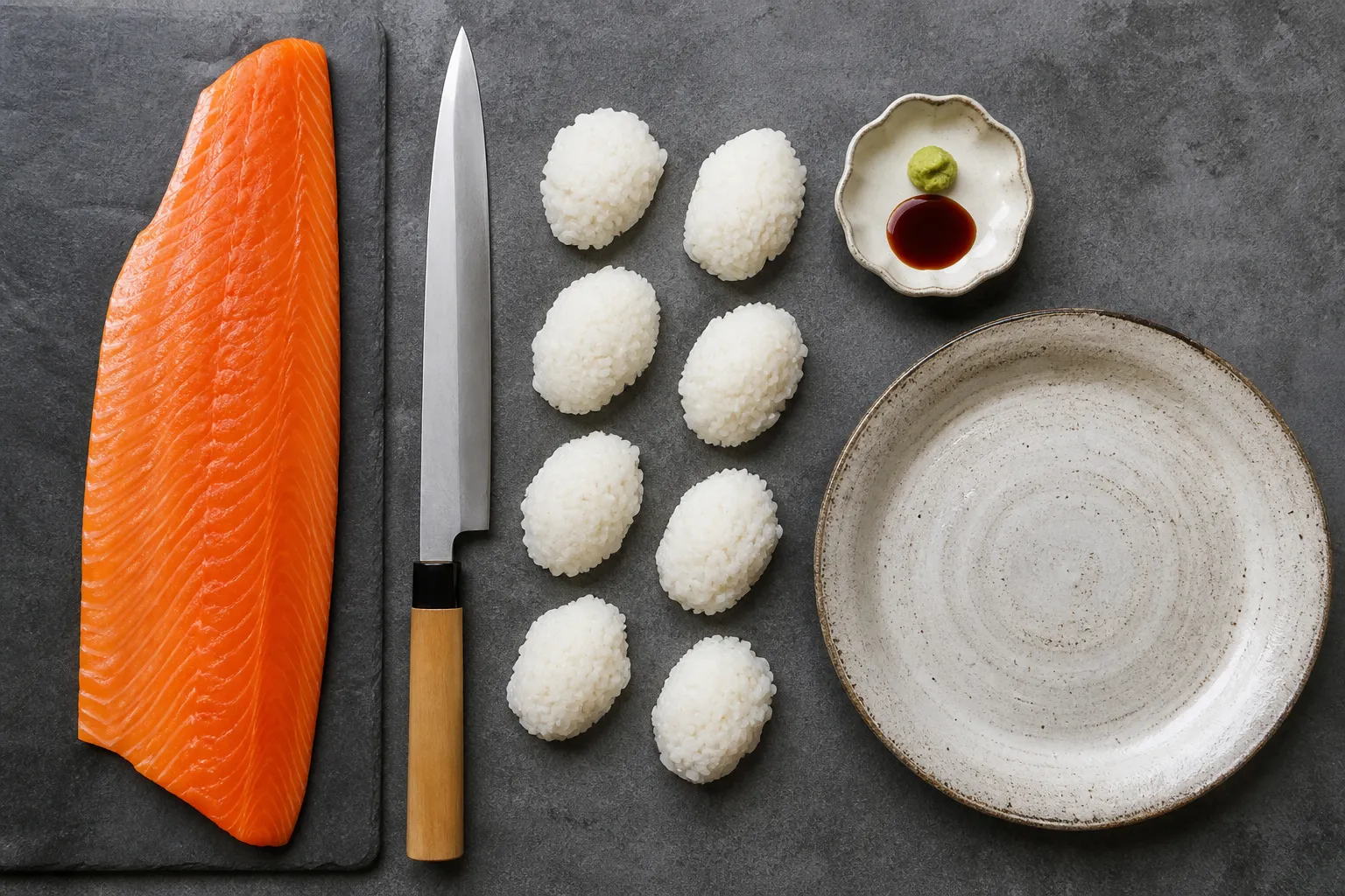 Whole Shinshu salmon fillet, sashimi knife, and sushi rice