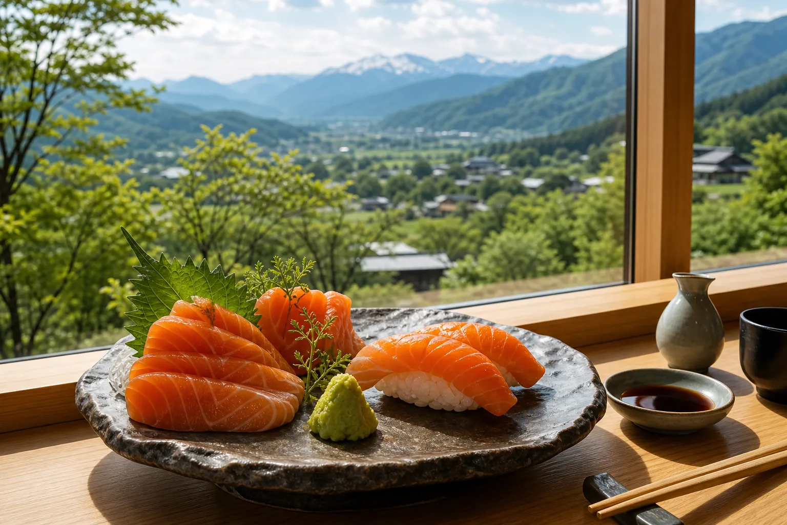 Shinshu salmon sashimi served at a Nagano counter