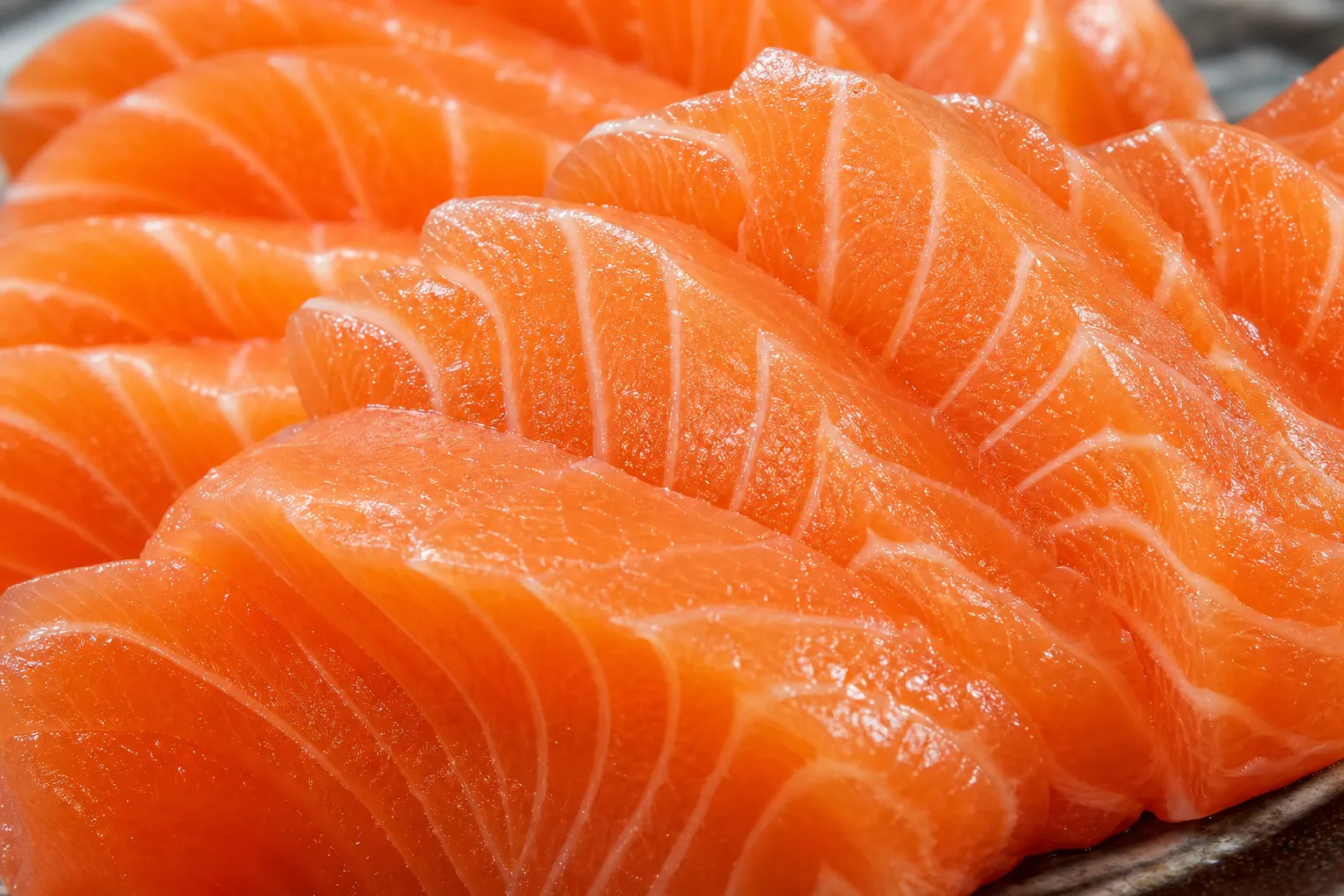 Close-up of bright-orange Shinshu salmon sashimi slices
