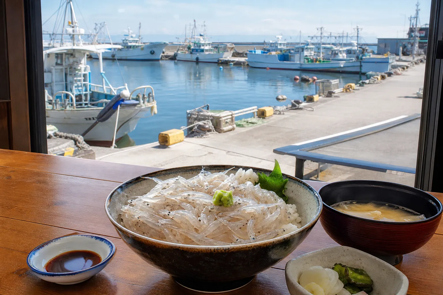A bowl of shiroebi-don by a window overlooking a Toyama fishing harbor
