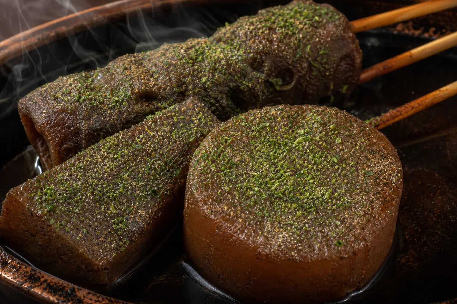 Close-up of shizuoka oden ingredients on skewers