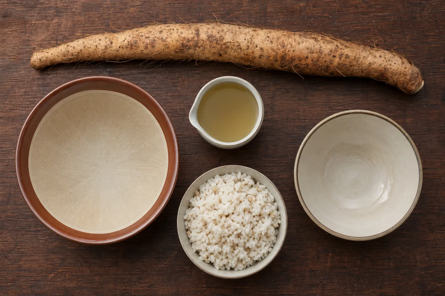 Whole wild yam, grating bowl, dashi, and barley rice