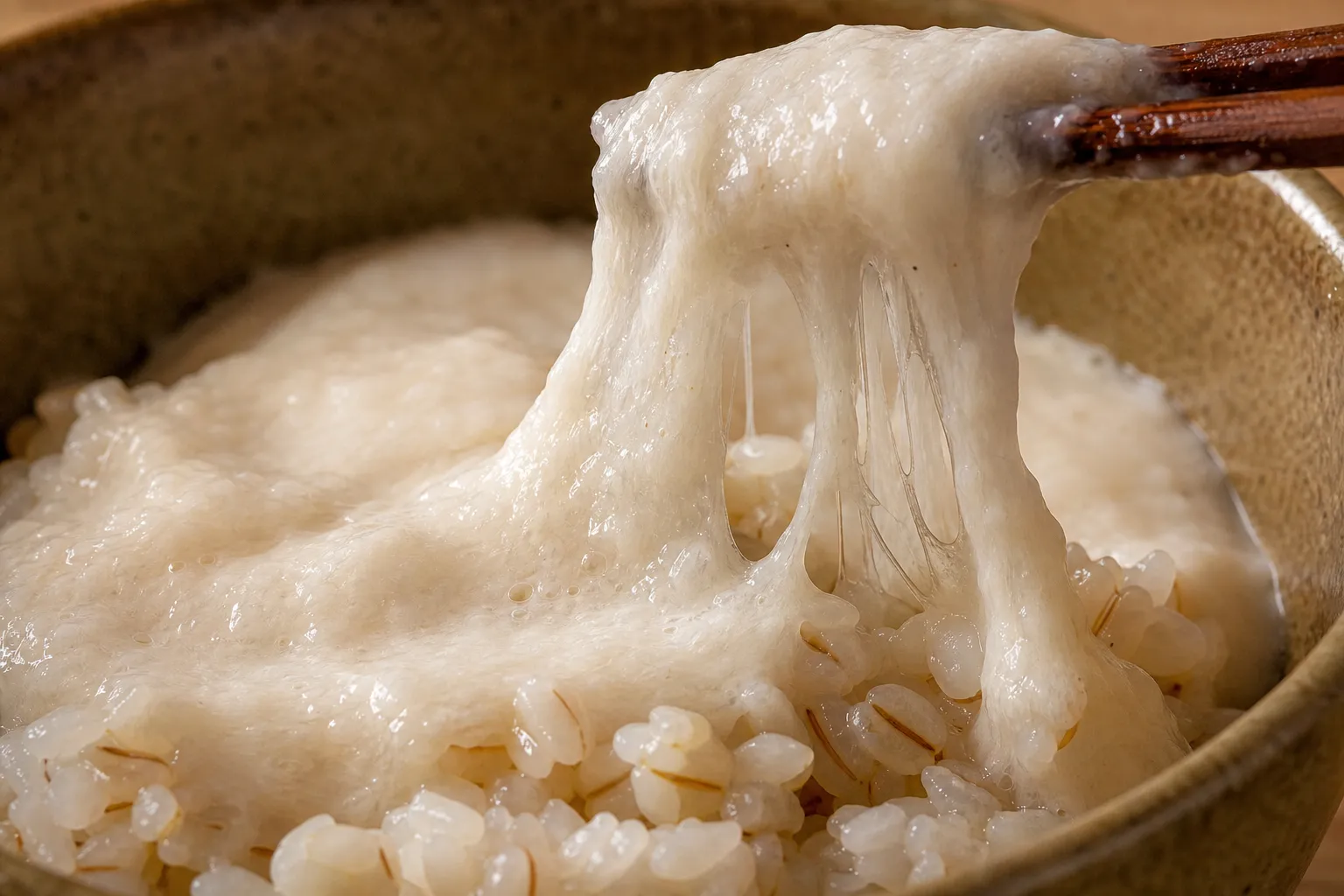 Close-up of sticky white grated wild yam stretching over barley rice