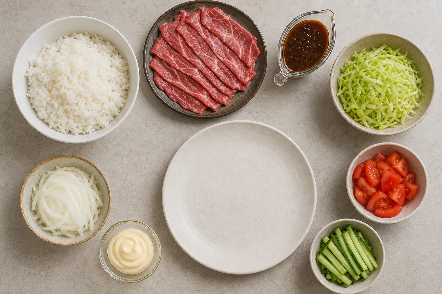 Rice, sliced beef, fresh vegetables and mayonnaise laid out to make Sicilian rice