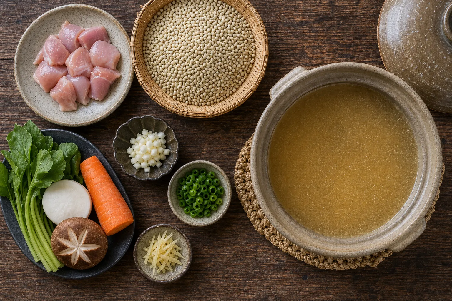 The ingredients and simmering of sobagome zosui