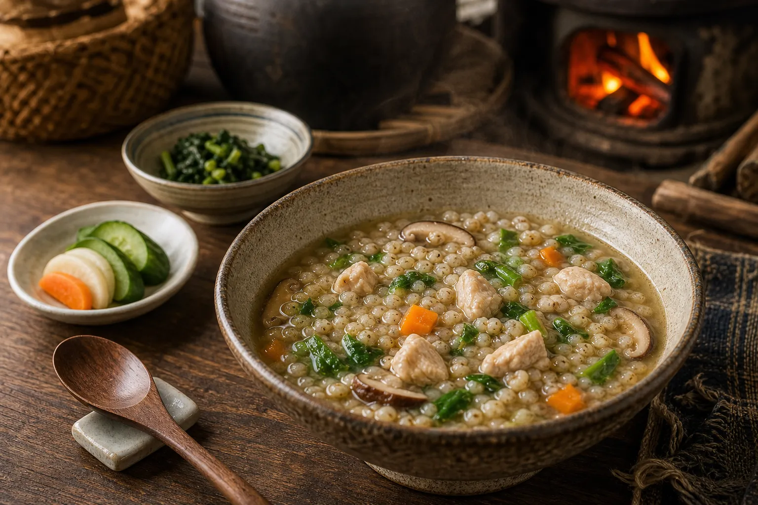 Sobagome zosui served in a rustic Iya Valley mountain home