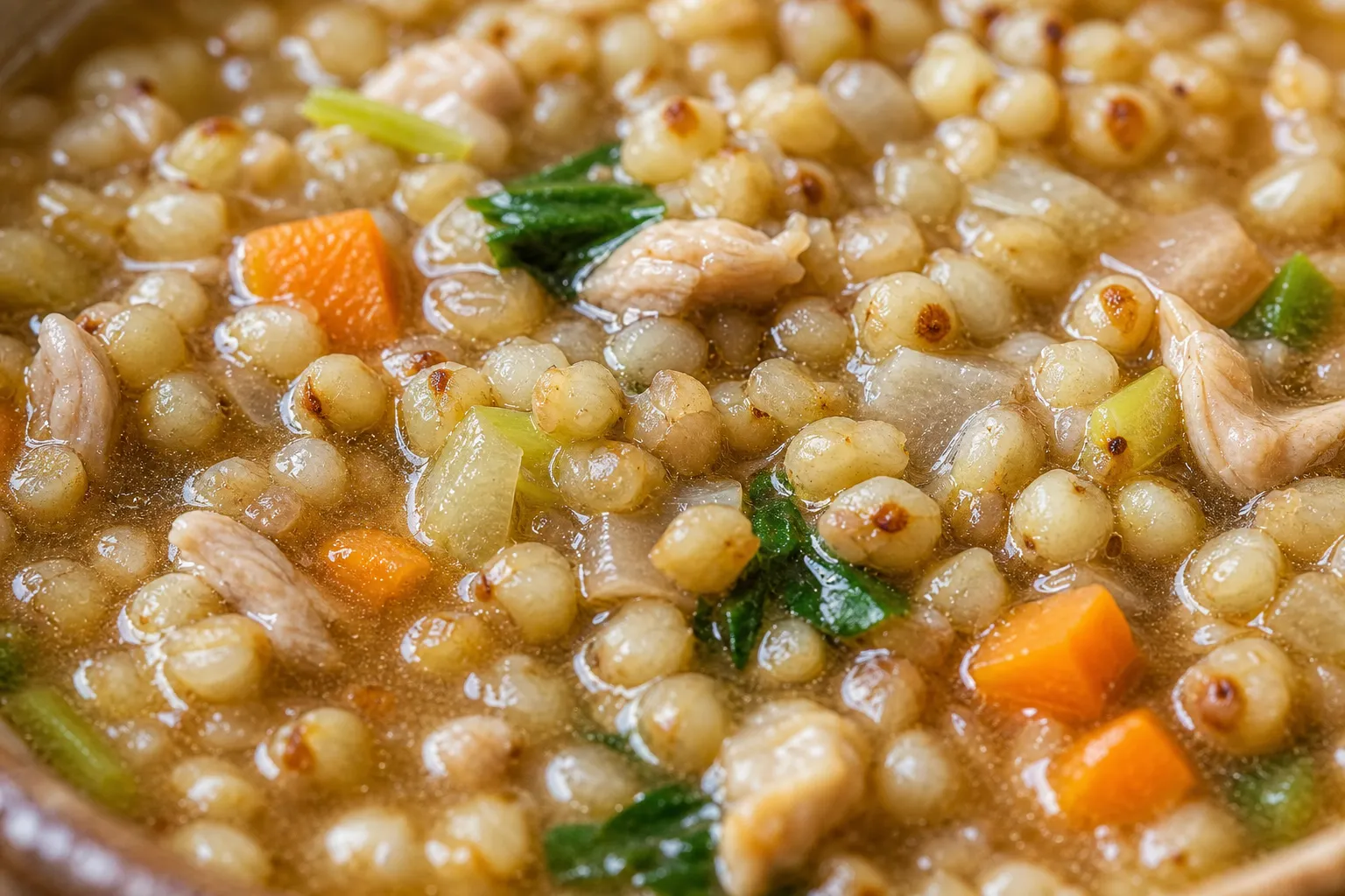Close-up of whole buckwheat grains in the broth