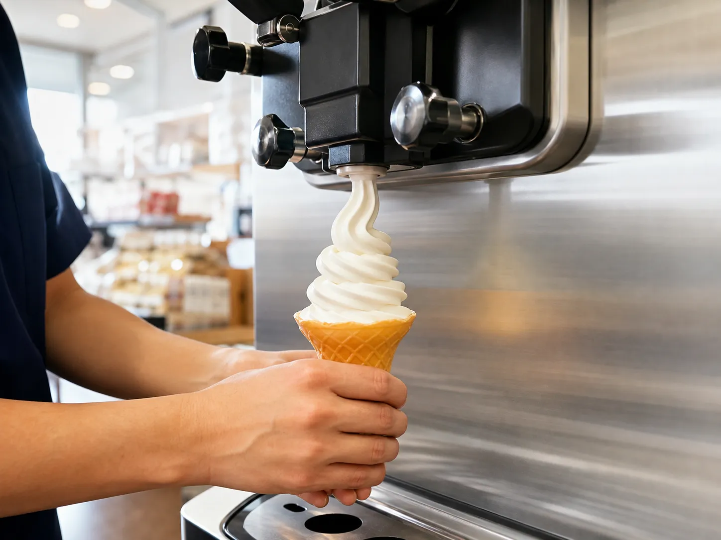 A Japanese souvenir shop worker dispensing a perfect soft-serve swirl into a wafer cone from a stainless machine