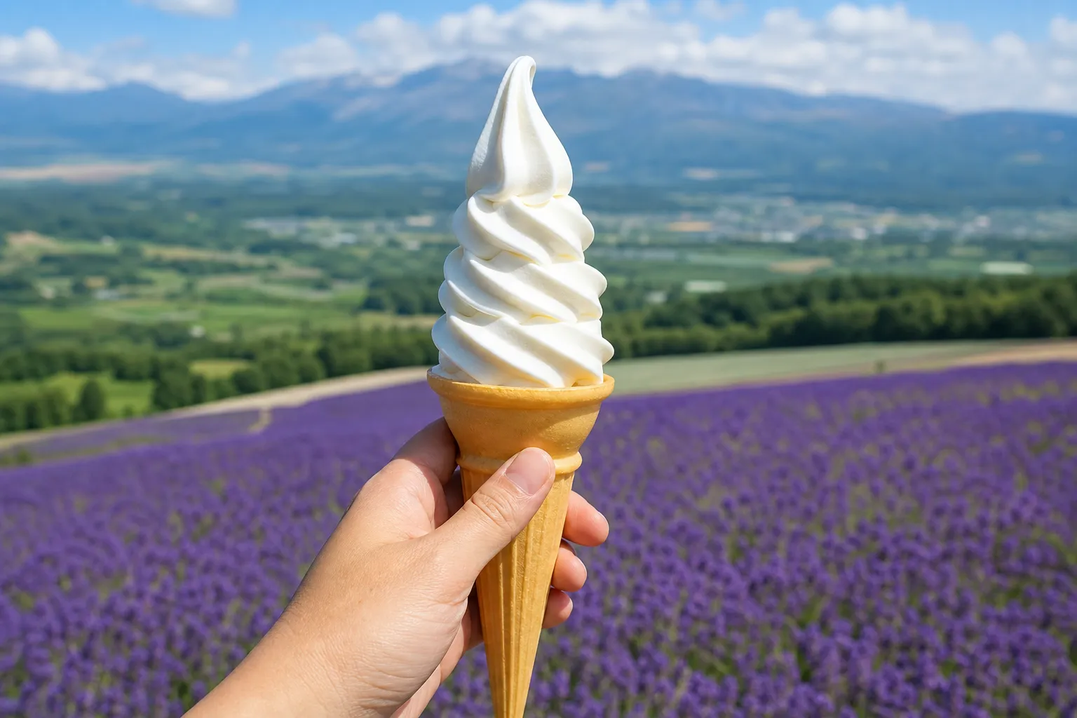 A traveler holding a white soft-serve ice cream cone in front of Hokkaido lavender fields