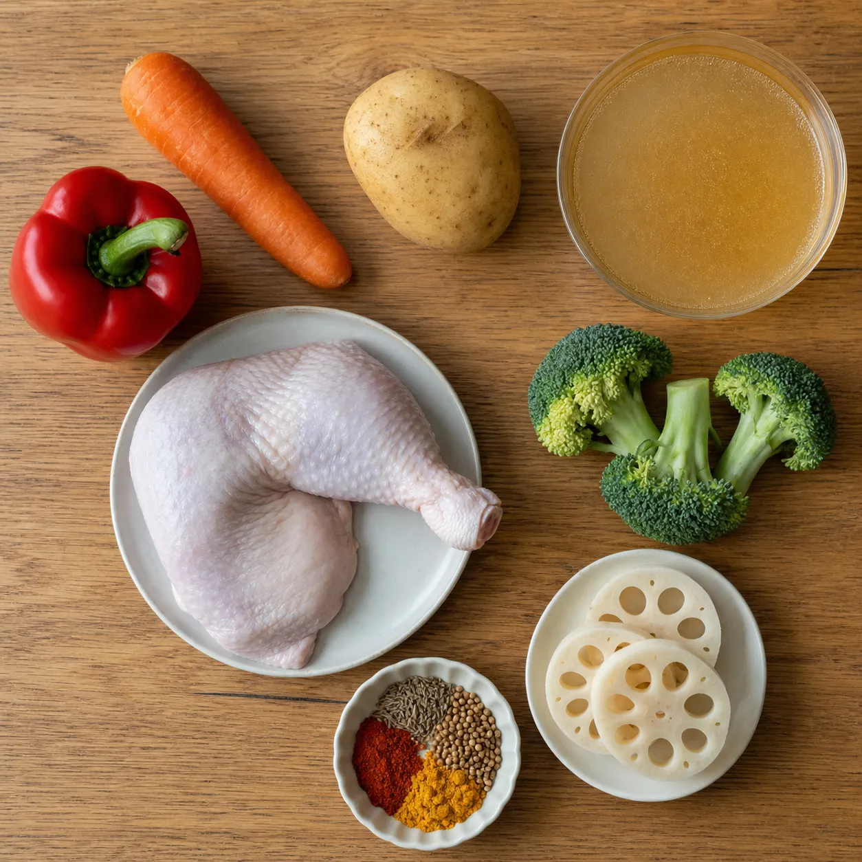 The ingredients of soup curry laid out before cooking