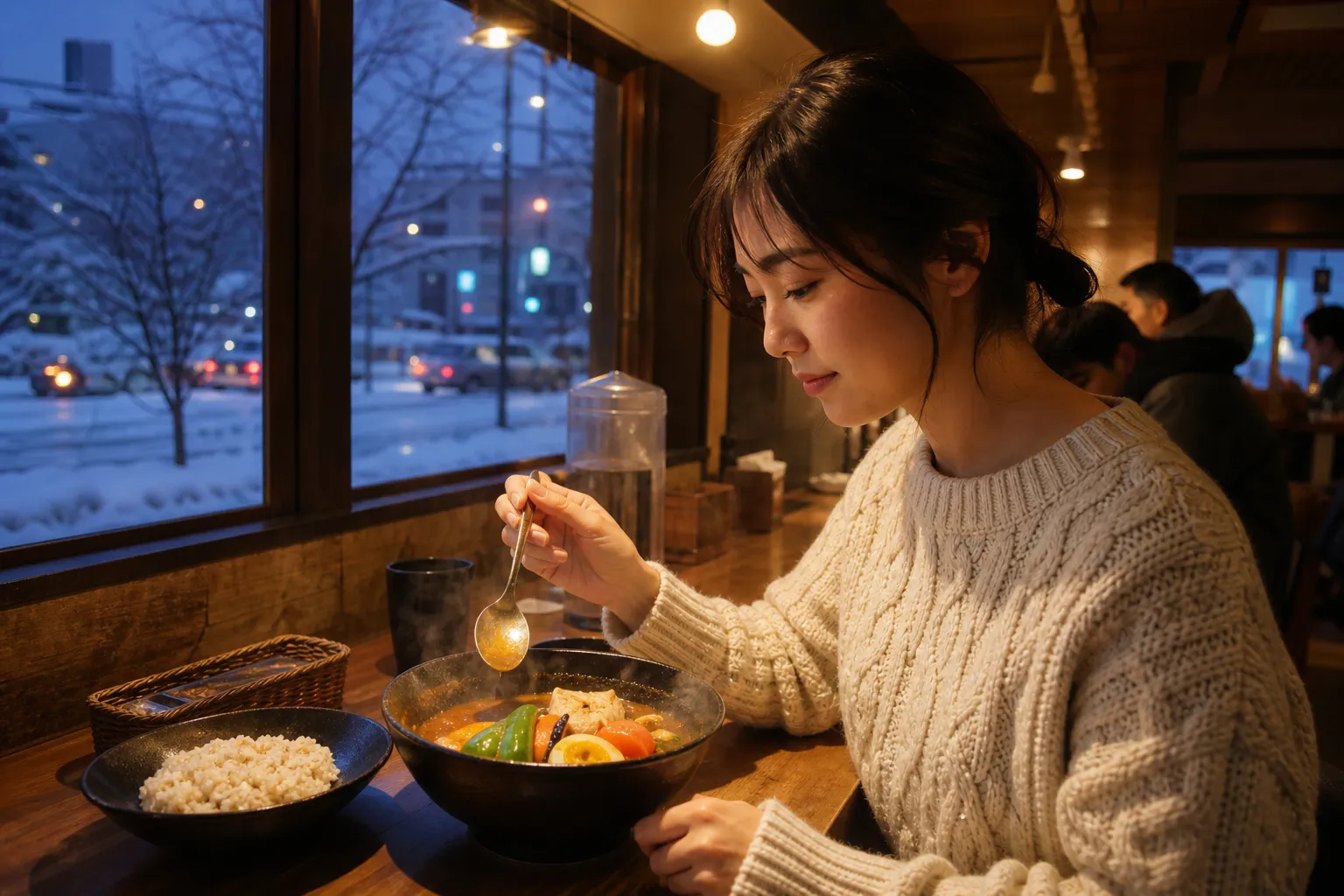 Soup curry served in a cozy Sapporo restaurant in winter