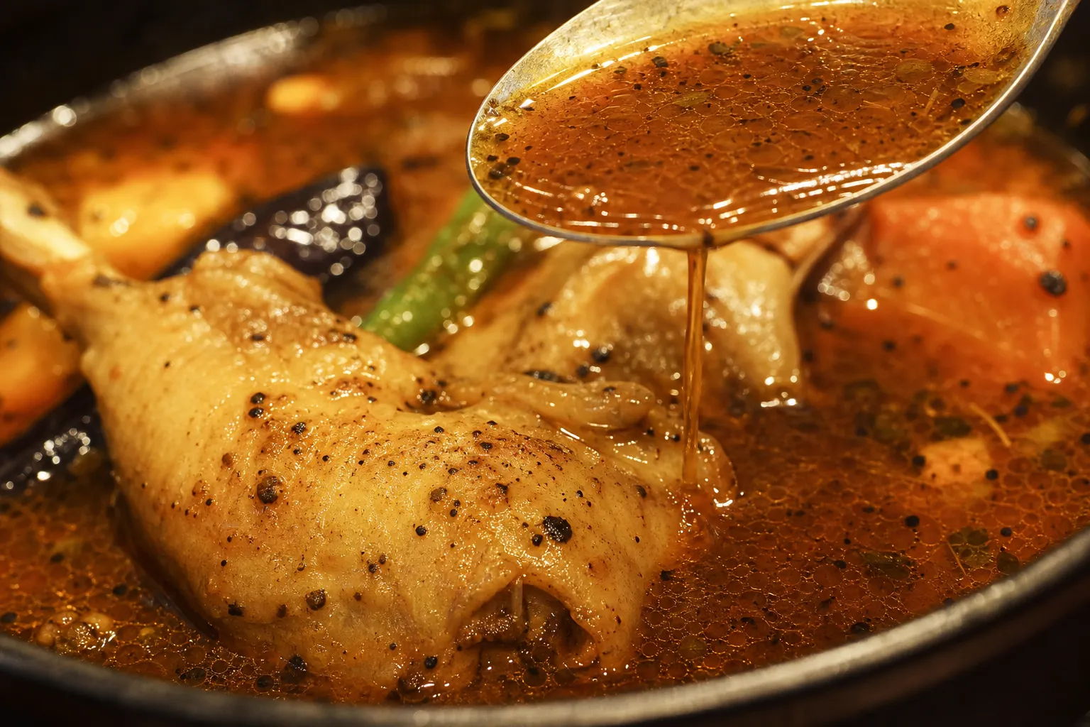 Close-up of soup curry broth, spices, and a tender chicken leg